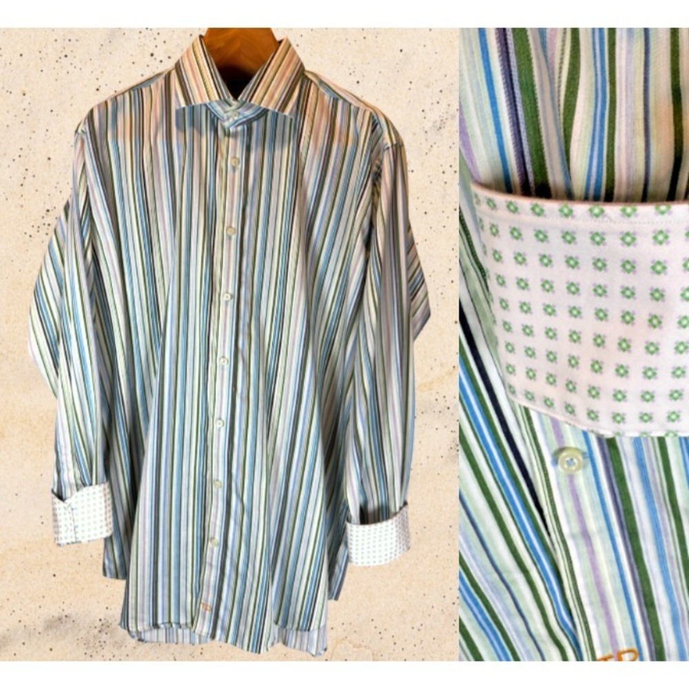 Thomas Dean XXL TTG Shirtmakers Cloth Multi Stripe Shirt Contrast Cuffs & Collar